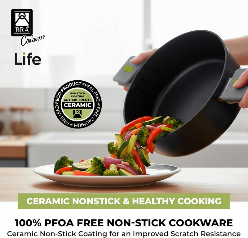 BRA COOKWARE Life Ceramic Nonstick Sauté Pan w/Glass Lid | 11 Inch 2.9 Quart Recycled Aluminum Deep Pan | Dual-Handle Braiser | Ceramic Non-Stick Coating | PFOA Free | All Cooktops & Oven Safe - Image 5